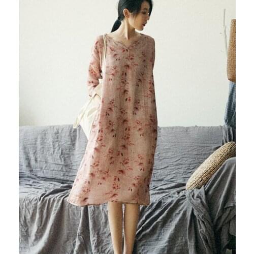 Single top weaving Maple light weight ramie slim V-neck middle sleeve printed robe straight tube dress