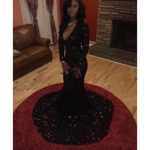 Gorgeous Black Mermaid Long Prom Sequin Long Sleeves V-neck Formal Party Evening vestidos de baile mother of the bride dresess