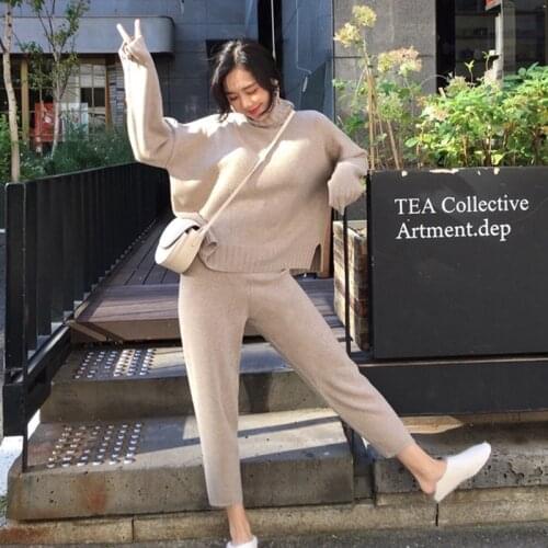 High Quality Knitted Tracksuit Sweater Pullover Two Piece Set Women 2 Piece Pants Set Casual Suit Female Chandal Mujer 2 Piezas