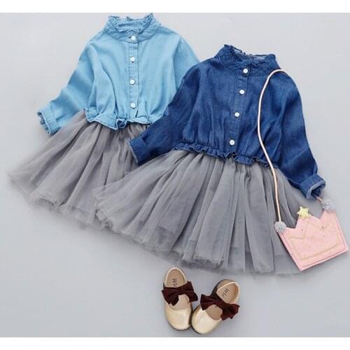 Spring Fall Girls Denim Dress Children Clothing Lace Evening Dress For Girl Fashion Kids Princess Dress Baby Girl Costume 3-8 Y