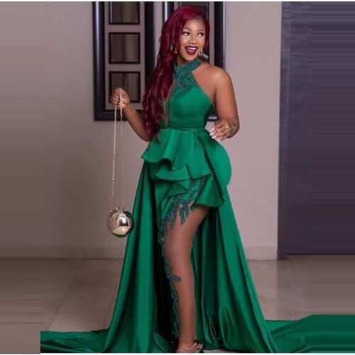 Green High Neck Prom Dresses Ruffles Formal Party Tiered Gown Arabic Aso Ebi Muslim Sleeveless Crystals Evening Dresses