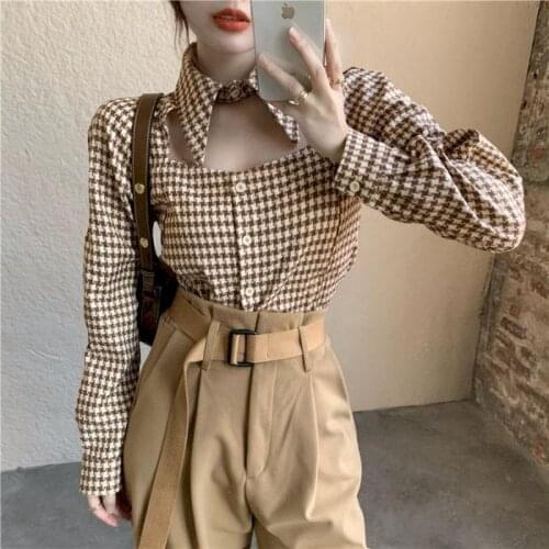 Womens Shirt Design Sense Niche Shirt Spring 2021 New Fashion Hollow Plaid Long-sleeved Shirts Students Blouse Kawaii Clothes