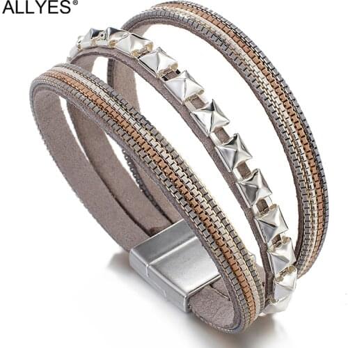 ALLYES Punk Rivet Multilayer Leather Bracelets for Women Fashion Simple Chain Warp Bracelets Charms Jewelry Masculine Style
