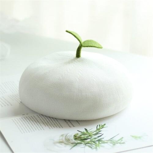 Handmade women Breathable beret hat summer thin DIY green leaf painter hat girl sweet little leaf beanie sprout cute hat 2021