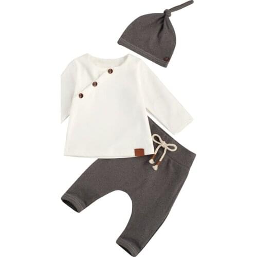 2021 Fashion Newborn Toddler Baby Boy Girl Autumn Winter Clothes Long Sleeve Solid Button Top Pant Hat Outfits 0-18M