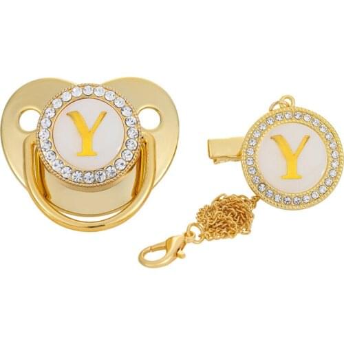 26 Name Initial Letter Royal Pacifier And Clips Set Rhinestone Pacifier Clips Chain BPA Free Silicone Soother For 0-6 Month Baby
