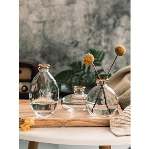 3Pcs/Set Mini Glass Vase Transparent Gold Wire Flower Bottle Terrarium Hydroponic Systems Cute Room Home Decoration Accessories
