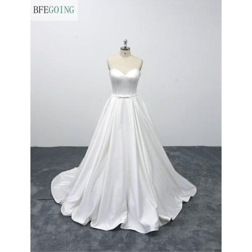 Ivory Satin Sweetheart Strapless Sleeveless Floor-Length A-line Wedding dress Chapel Train Custom made