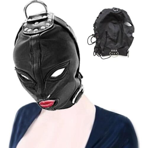 Bdsm Bondage Hood,Hanging Suspension PU Leather Mask,Slave Open Mouth And Eye Gimp,Adjustable Erotic Party Mask,SM Adult Sex Toy