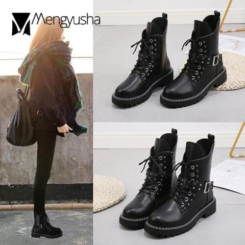 Studs Buckle belt riding boots women platform shoes chunky heels short botines mujer british zipper&lace up motorcycle botas2020