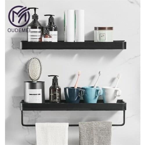 Aluminum Alloy Black Bathroom Square Shower Caddy Single Tier Shelf Shampoo Storage Holder with Rod and Movable Hooks