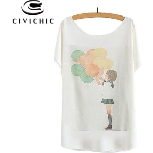 CIVI CHIC Lady Bat Sleeves Summer T Shirt Women Korean Style One Size Tshirt Balloon Girl Print Tops Tee O Collar T-shirt WST78