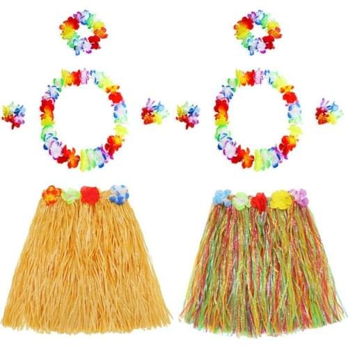 Kids Girls Hawaiian Luau Grass Hula Hawaiian Style Suit Hawaiian Garland Hula Skirt Dance Party Costume Set Dress Party Supplies