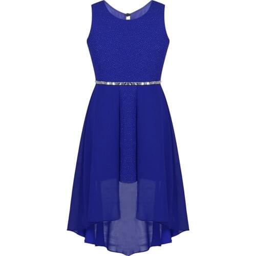 Kids Teens Sleeveless Sparkly Rhinestone High-low Hem Birthday Prom Party Ballroom Chiffon Dress Girls Performance Dance Costume