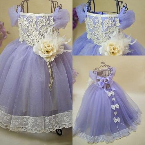 Purple Cap Sleeve White Lace Beading Top Sleeve Puffy Girls Photography Dresses Gowns Butterfly Bottom Attachment Custom