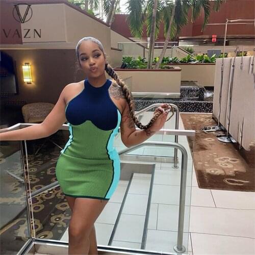 VAZN Summer 2021 European and American Womens Dress Irregular Shoulder and Neck Patchwork Tight Short Style Dress