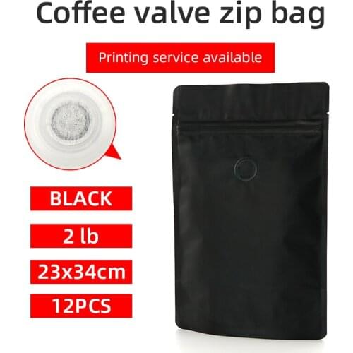 12pcs 2 pound 1000g 1kg matte black coffee bean pouch one side degassing valve coffee bag black stand up zip bag