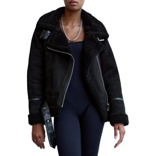 2020 New Winter Women Faux Sheepskin Suede Coats Lady Thicken Fake Leather Lambs Wool Fur Jacket Black Motorcycle Female Outwear