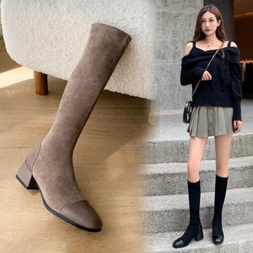 YQBTDL New Arrival Botas Altas Mujer Stretch Elastic Suede Long Riding Boots Black Block Med Heels Autumn Knee High Sock Boots