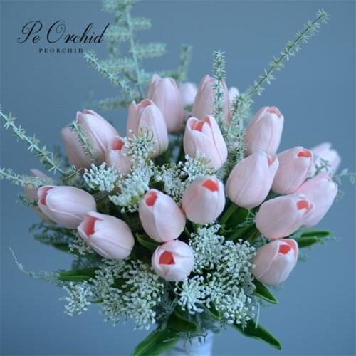 PEORCHID Simple Pink Tulip Bridal Bouquet flowers Artificial Wholesale Fake Flower Bridesmaid Gift Wedding Decorative