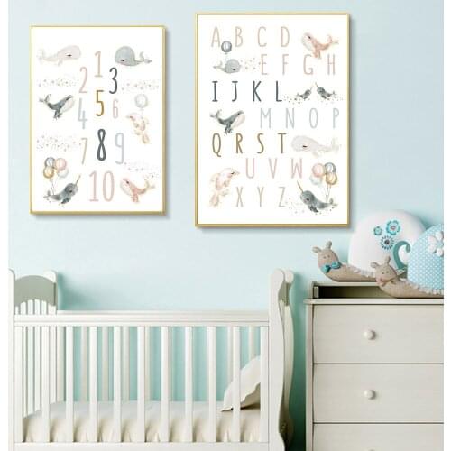 Dolphin Whale Nursery Print ABC Alphabet Canvas Art Poster Number Enlightenment Wall Art Painting Nordic Picture Baby Room Decor