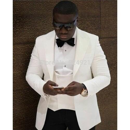 Custom Made Groomsmen Ivory Groom Tuxedos Peak Lapel Men Suits Wedding Best Man Blazer ( Jacket+Pants+Bow Tie+Vest ) C194