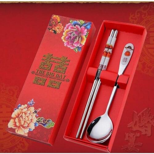 200 set/lot Stainless Steel Dinnerware Double Happiness Red Color Spoons Chopstick Sets Wedding Party Gifts