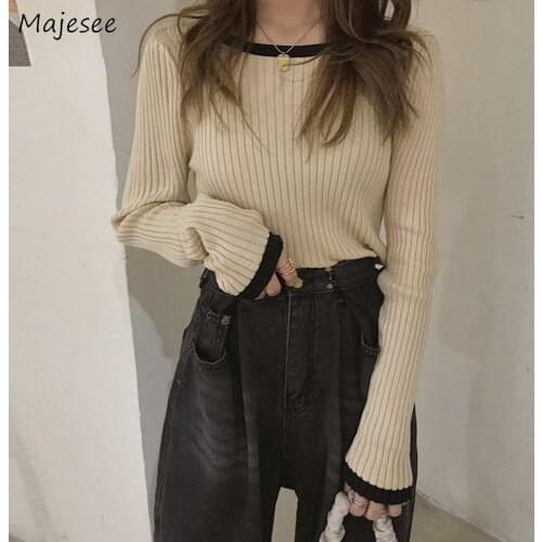 Sweater Pullovers Womens Autumn Simple Knitwear Slim O-neck Long Sleeve Trendy Patchwork All-match Leisure Female Tops Clothes