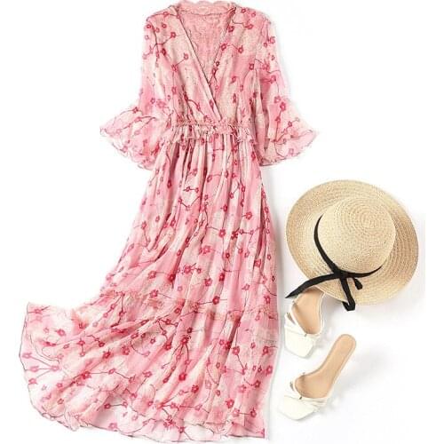 High Quality 100% Silk Long Dresses for Women Casual Summer Dress 2021 Elegant Floral Dress Female Vestido De Mujer Pph4705