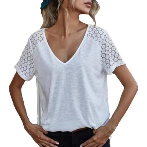 2021 Summer Women Blouse Summer Lace Short Sleeve Sexy Tops V Neck Casual Solid Color Shirt Fashion Casual Female Clothing