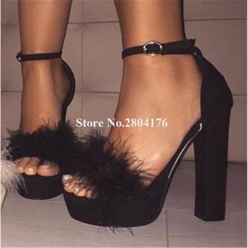 Women Elegant Fashion Open Toe Suede Leather High Platform Chunky Heel Fur Sandals Ankle Strap High Heel Sandals Dress Heels