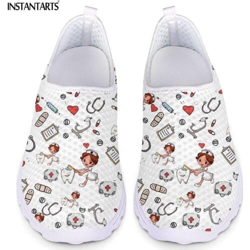 INSTANTARTS Cute Hospital Nurse Design Women Flats Shoes Slip On Air Mesh Sneaker Breathable Nursing Shoe Female Dental Nurse