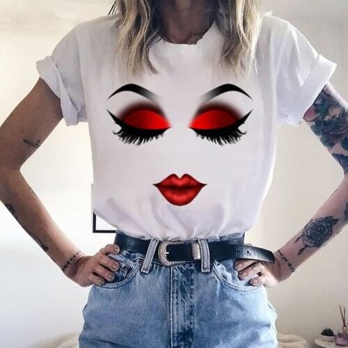 Women Face Makeup Red Lip Prints Girls T Shirts Harajuku Casual Aesthetic Tshirt Femme Graphic Hipster Korean Style Shirts