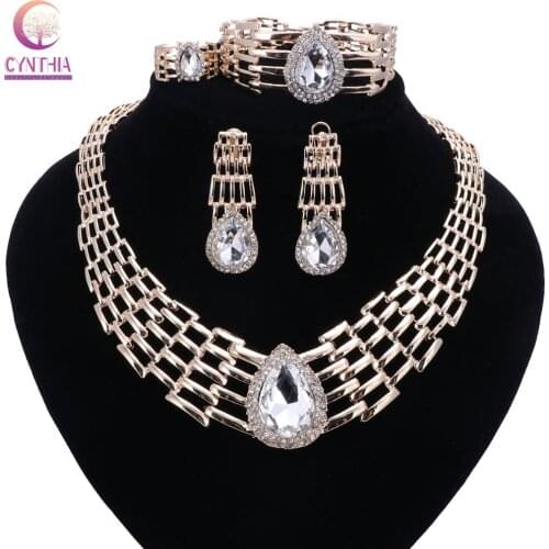 Women Italy Dubai Crystal Gold color Jewelry Sets Necklace Earrings Ring Wedding Party Bridal Accessories Costume Jewelry Sets