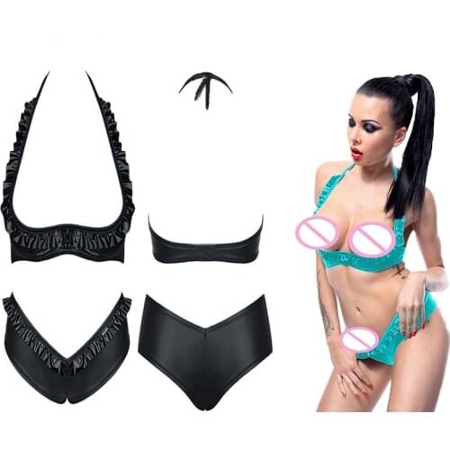 Women Ruffles Bikini 2021 New For Lady Sexy High Breast Contrast Gradient Split Bikini Set Two Piece Shiny PU Leather Swimsuit