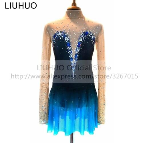LIUHUO Womens Girls' Adult Kid Performance Ballet Rhythmic Gymnastics Competition Leotard Ice Figure Skating Dress Dance Blue