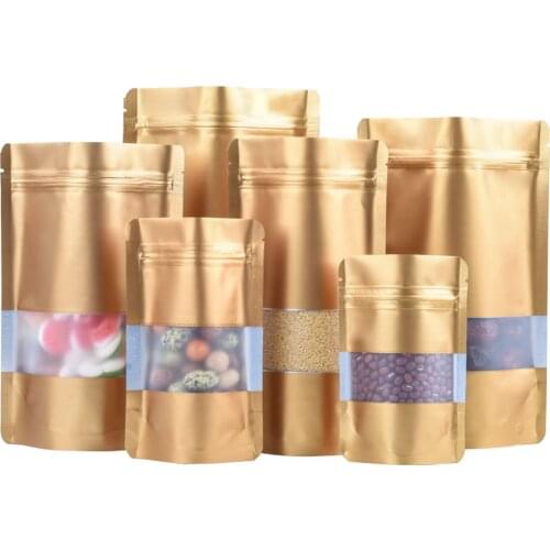100Pcs Gold Zip Lock Mylar Foil Stand Up Bag with Frosted Window Heat Seal Tear Notch Food Storage Doypack Candy Tea Pouches