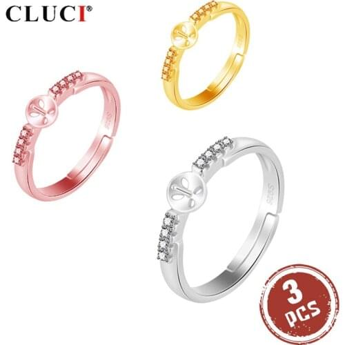 CLUCI 3pcs 925 Sterling Silver Adjustable Women Pearl Ring Mounting Silver 925 Rings Jewelry Zircon Simple Open Rings SR2175SB