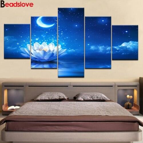 5 pieces diamond painting Lotus Moon blue fantasy Landscape diamond embroidery sale Handmade mosaic full square round drill