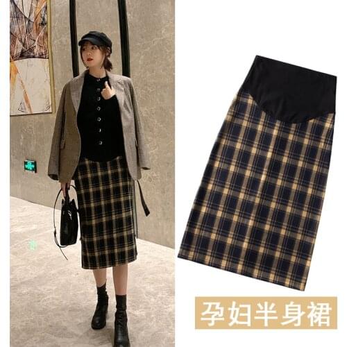 6013# Autumn Winter Plaid Woolen Maternity Skirts Adjustable Belly Pencil Skirts Clothes for Pregnant Women OL Formal Pregnancy