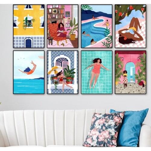 Abstract Girl Woman Swim Life Illustration Wall Art Canvas Painting Nordic Posters And Print Wall Pictures For Living Room Decor