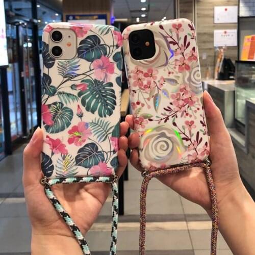 Summer Laser Flower Leaf Phone Case For Samsung s20 Plus Ultra Soft Cover For Samsung A50 51 70 71 With Lanyard Neck Strap Rope