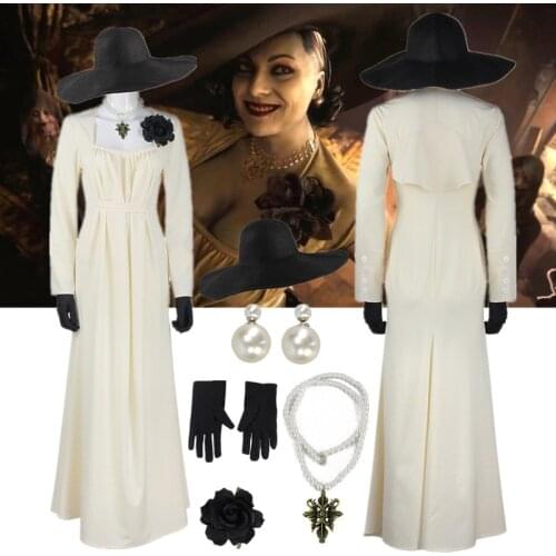 Village Lady Alcina Dimitrescu Cosplay Costume Set Dress Hat Necklace Gloves Ear studs Suit Halloween Party Props Gift