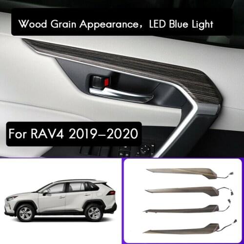 For Toyota RAV4 2019-2020 Car LED Blue Interior Door Armrest Panel Light Ambient Lamp Bar Atmosphere Light Wood Grain