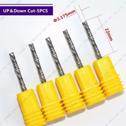 5PCS UP &DOWN Cut 3.175x22mm Two Flutes Spiral Carbide Mill Tool Cutters for CNC Router, Compression Wood End Mill Cutter Bits
