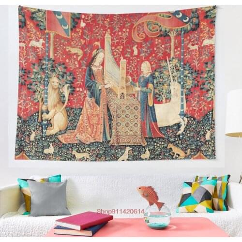 UNICORN AND LADY PLAYING ORGAN WITH ANIMALS Hearing tapestry Art Wall Hanging Tapestries for Living Room Decor