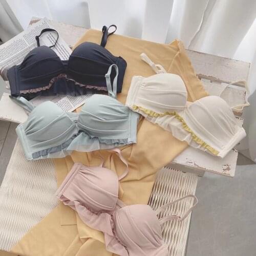 Deep-V Neck Sexy Young Girls Intimates Seamless Thicken Push Up Bra Set Four Corner Cup Mesh Lace Double Lingerie Suit Ladies