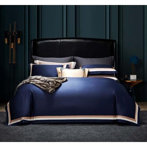 Chic Hotel Home Luxury Large Jacquard dark blue Embroidery Golden Bedding set Duvet Cover Bedspread Bed Sheet fitted set