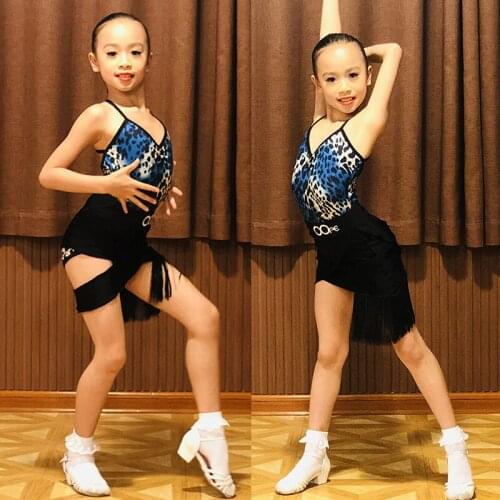 Girls Latin Dance Costumes Leopard Bodysuit Fringe Dress Sexy Latin Skirt Practice Stage Show Set Kids Summer Dancewear BL4165