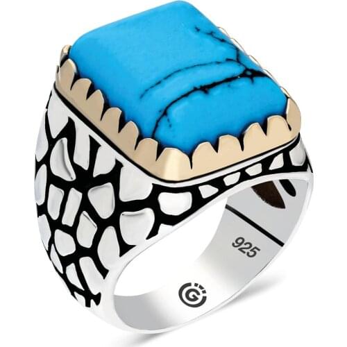 Solid 925 Sterling Silver Ring with Raw Rectangle Blue Turquoise Gemstone and Dalmatian Motif Made in Turkey Gift for Men